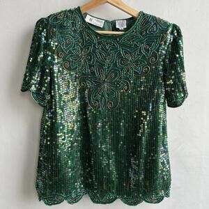 Vintage Braemar Jeremy Scott Silk Sequin Top Green Beaded M 80s Prohibition Med